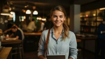 Smiling female entrepreneur holding tablet in her coffee photo