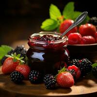 Artisanal berry jam in a spoon with berries in background photo