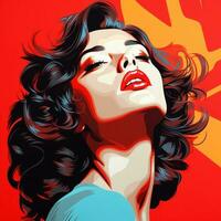 photo od beautifil woman with red lips on vivid background in pop art style
