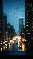 Raindrops on window with blurred cityscape in background photo