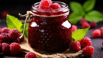 Homemade raspberry jam in a glass jar with fresh berries photo