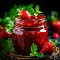 Close-up of homemade strawberry jam in a glass jar photo