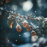 Nevado pino árbol ramas con borroso luces foto