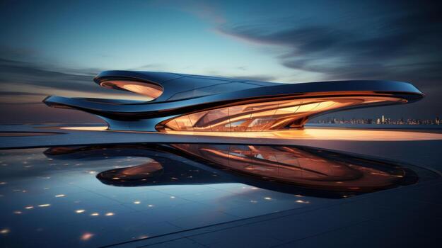 Visualizing Futuristic Architecture with an Abstract 3D Render Check out this 3D render of a stunning futuristic glass architecture. The concrete floor is left empty, leaving plenty to the imagination photo