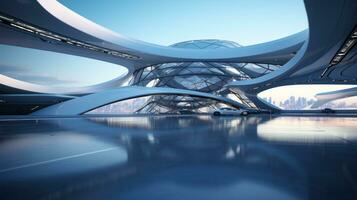 Visualizing Futuristic Architecture with an Abstract 3D Render Check out this 3D render of a stunning futuristic glass architecture. The concrete floor is left empty, leaving plenty to the imagination photo