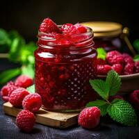 Homemade raspberry jam in a glass jar with fresh berries photo