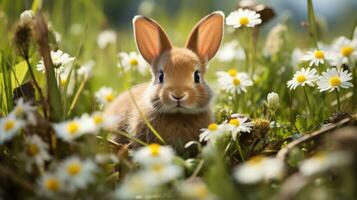 A bunny is lying in a lush meadow surrounded by green grass, with white eggs scattered around photo