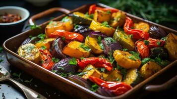 Colorful roasted veggies with caramelized edges and herbs photo