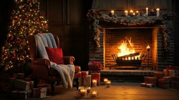 Navidad escena imagina un calentar y atractivo fiesta ajuste con un hermosamente decorado Navidad árbol rodeado por regalos, un cómodo balanceo silla, y un chicharrón chimenea. foto