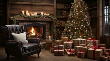 Navidad escena imagina un calentar y atractivo fiesta ajuste con un hermosamente decorado Navidad árbol rodeado por regalos, un cómodo balanceo silla, y un chicharrón chimenea. foto