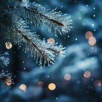 Snowy pine tree branches with blurred lights photo