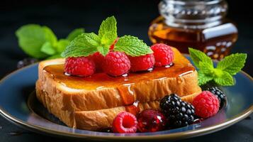 Jam and toast with honey and fresh berries on a plate photo