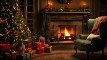 Christmas Scene Imagine a warm and inviting holiday setting with a beautifully decorated Christmas tree surrounded by presents, a comfortable rocking chair, and a crackling fireplace. photo