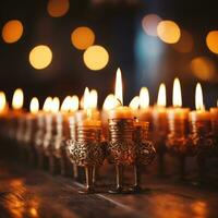 Glowing candles in a blurred menorah photo