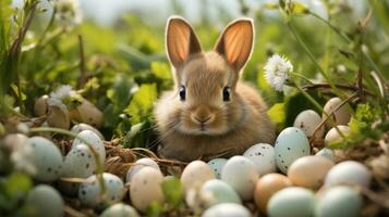 A bunny is lying in a lush meadow surrounded by green grass, with white eggs scattered around photo