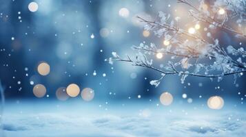 Snowy pine tree branches with blurred lights photo