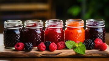 Assorted berry jams and spreads in mini mason jars. photo
