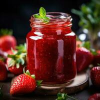 Close-up of homemade strawberry jam in a glass jar photo