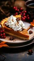 Indulgent pumpkin pie with whipped cream and cinnamon photo