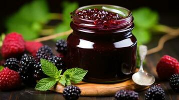 Artisanal berry jam in a spoon with berries in background photo