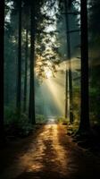 Misty forest with sunlight filtering through trees photo