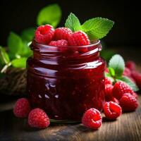 Homemade raspberry jam in a glass jar with fresh berries photo