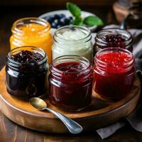 Assorted fruit preserves in glass jars with vintage spoons photo