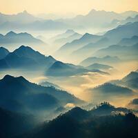 Hazy mountains seen through wispy clouds photo