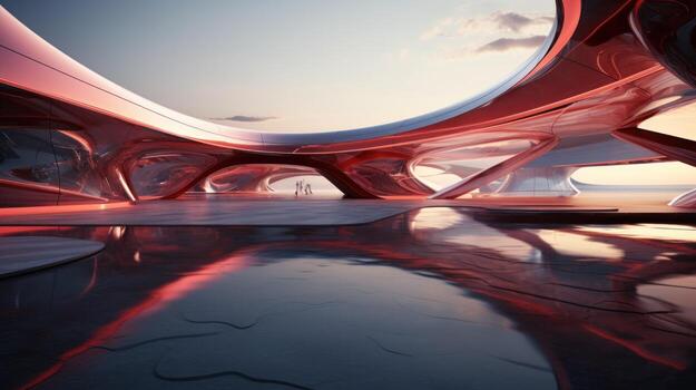 Visualizing Futuristic Architecture with an Abstract 3D Render Check out this 3D render of a stunning futuristic glass architecture. The concrete floor is left empty, leaving plenty to the imagination photo