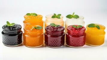 Variety of fruit jams and jellies on a white background photo