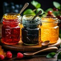 Assorted fruit preserves in glass jars with vintage spoons photo