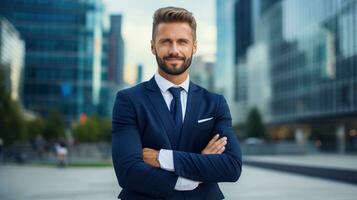 Successful businessman with arms crossed in front of skyscraper photo