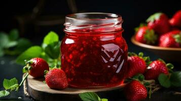 Close-up of homemade strawberry jam in a glass jar photo