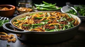 Decadent green bean casserole with crispy onions on top photo