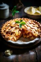 Apple pie with lattice crust, golden brown and steaming hot photo