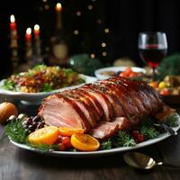 Festive ham glazed with sweet and savory flavors photo