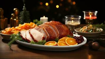 Festive ham glazed with sweet and savory flavors photo