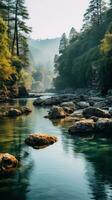 borroso río con rocas y arboles en primer plano foto