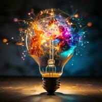 Exploding Colorful Light Bulb Represents New Ideas and Brainstorming Concepts photo