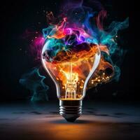 Exploding Colorful Light Bulb Represents New Ideas and Brainstorming Concepts photo