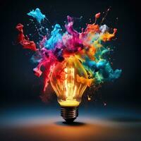 Exploding Colorful Light Bulb Represents New Ideas and Brainstorming Concepts photo