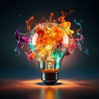 Exploding Colorful Light Bulb Represents New Ideas and Brainstorming Concepts photo