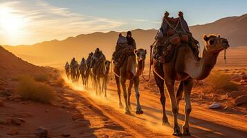 turistas deleite en grupo camello paseos mediante el Desierto viaje foto