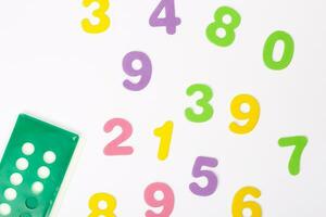 Colorful numbers and counting tool. Background.Closeup photo