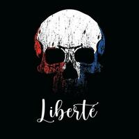 Liberte. T-shirt design of a skull with blue, white and red colors and manual typography on a black background. Ironic illustration about the values of the French revolution. vector