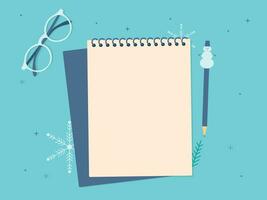 Notepad with pen and copy space top view. Vector winter background with snowflakes