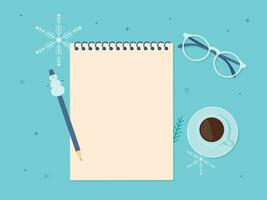 Notepad with pen and copy space top view. Vector winter background with snowflakes