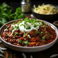 Spicy chili con carne topped with sour cream and chives photo