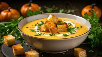 Creamy pumpkin soup garnished with croutons and parsley photo