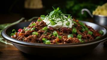 Spicy chili con carne topped with sour cream and chives photo